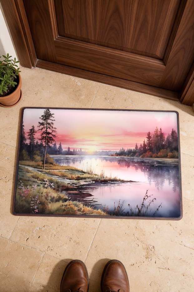 Pink and Blue Lake Scenery Patterned Doormat, 40x60 cm, with Non-Slip Sole, Decorative