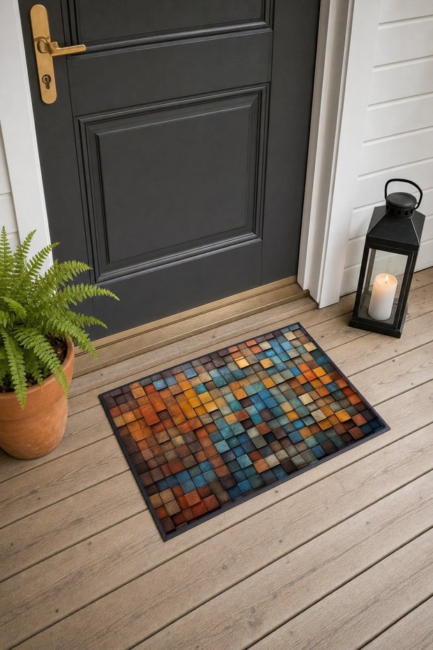 Orange and Blue Checked Doormat, 40x60 cm, with Non-Slip Sole, Decorative