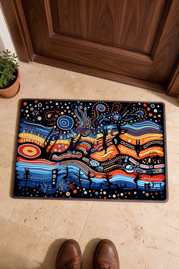 Blue and Orange Abstract Patterned Doormat, 40x60 cm, with Non-Slip Sole, Decorative