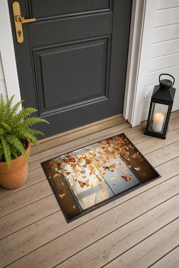 578 Orange Butterfly Dance Pattern Doormat, 40x60 cm, Non-Slip Sole, Decorative