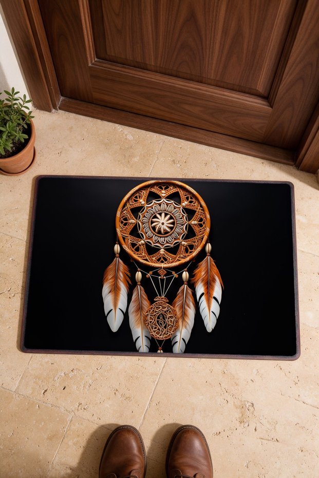 Brown and White Dreamcatcher-Patterned Doormat, 40x60 cm, with Non-Slip Sole, Decorative
