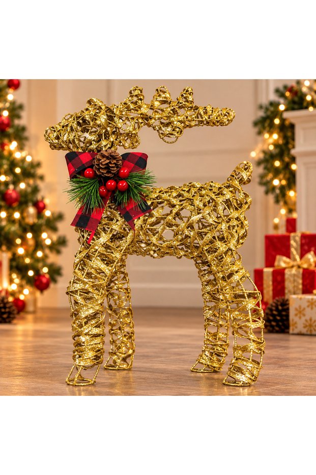 Gold-Glittery New Year's Reindeer Figurine with a Red Plaid Bow Detail and Pinecone—Decorative Christmas Ornament for Home Display