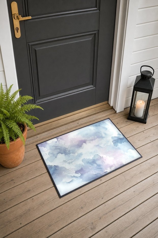 Lilac and Blue Watercolor Sky-Patterned Doormat, 40x60 cm, with Non-Slip Sole, Decorative