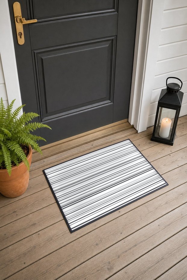White and Gray Horizontal Striped Pattern Doormat, 40x60 cm, with Non-Slip Sole, Decorative
