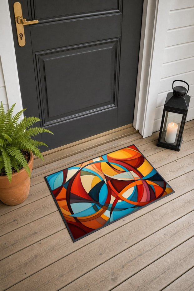 989 Red and Blue Wavy Pattern Doormat, 40x60 cm, Non-Slip Sole, Decorative