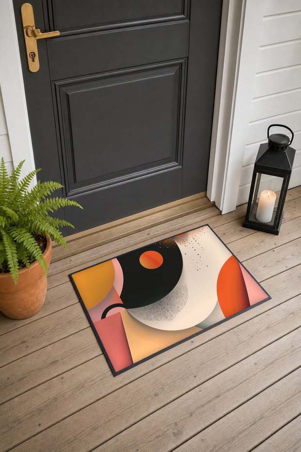 Peach-Colored Door Mat with Black Minimal Patterned Circle, 40x60 cm, Non-Slip Sole, Decorative