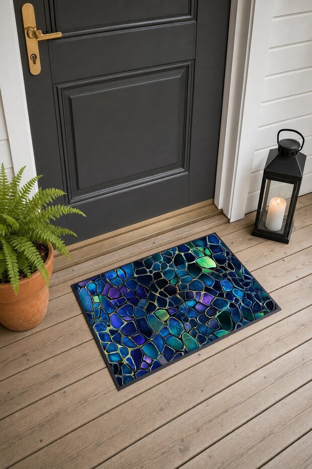 Navy Blue and Green Stained Glass Mosaic Patterned Doormat, 40x60 cm, with Non-Slip Sole, Decorative