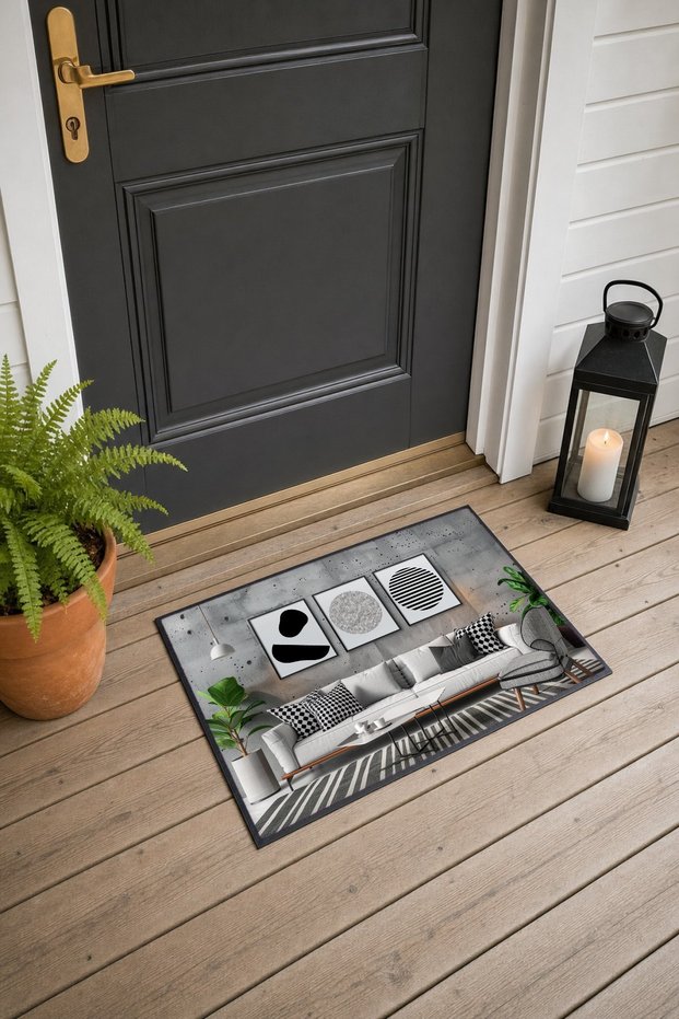Black and White Geometric Patterned 857 Doormat, 40x60 cm, Non-Slip Sole, Decorative