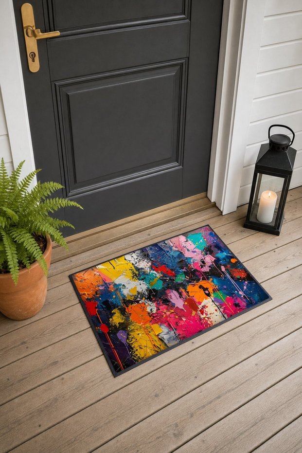 Colorful, Vibrant Paint-Splatter Patterned Doormat, 40x60 cm, with Non-Slip Sole, Decorative