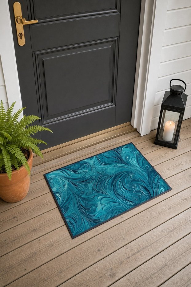 Petrol Blue Wavy Textured Patterned Doormat, 40x60 cm, with Non-Slip Sole, Decorative