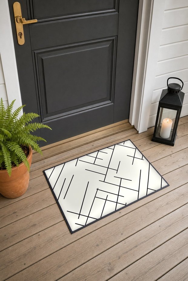 Cream and Black Thin-Line Minimal Patterned Doormat, 40x60 cm, with Non-Slip Sole, Decorative