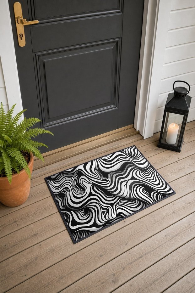 907 Black-and-White Wavy Pattern Doormat, 40x60 cm, with Non-Slip Sole, Decorative