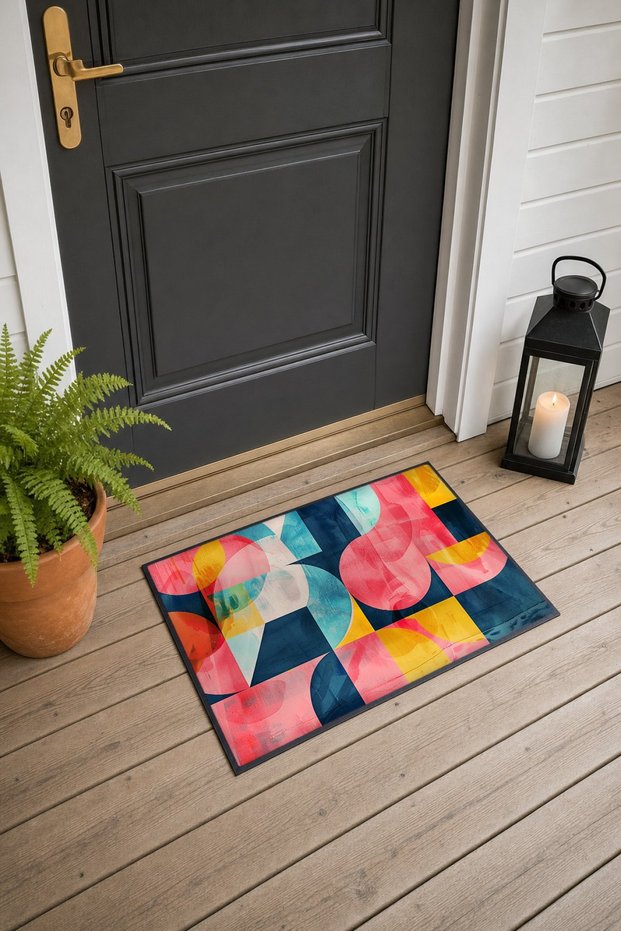 Blue and Pink Geometric Patterned Doormat, 40x60 cm, with Non-Slip Sole, Decorative