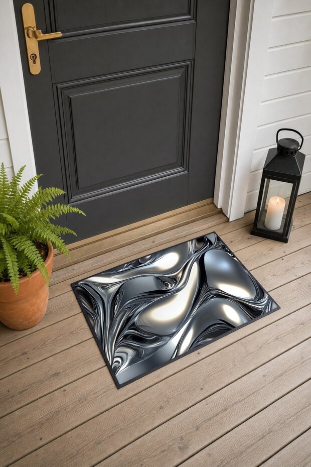 Silver Chrome Liquid Metal Patterned Doormat, 40x60 cm, with Non-Slip Sole, Decorative