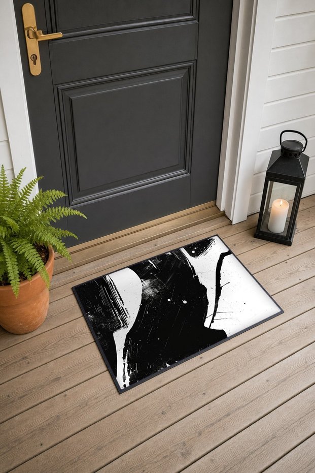 Black and White Abstract Patterned 939 Doormat, 40x60 cm, Non-Slip Sole, Decorative