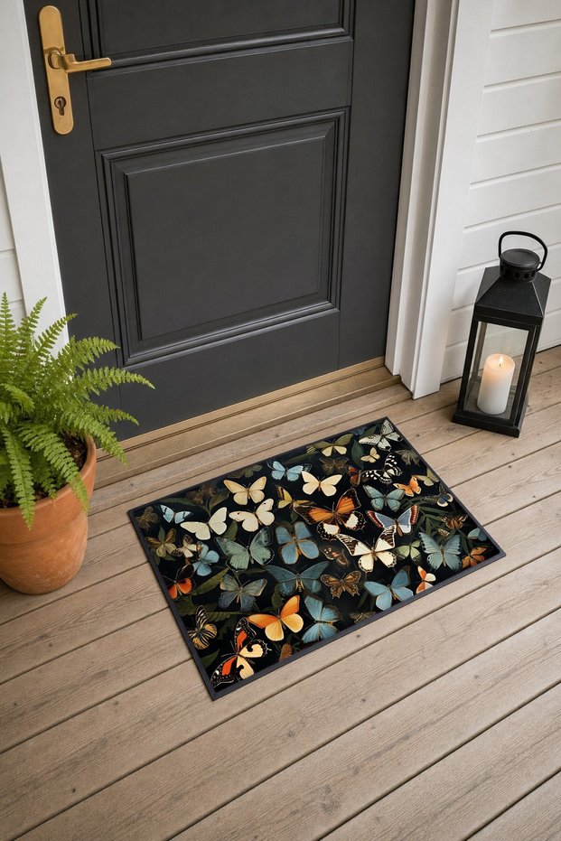 Blue Butterflies Forest Patterned Doormat, 40x60 cm, Non-Slip Sole, Decorative