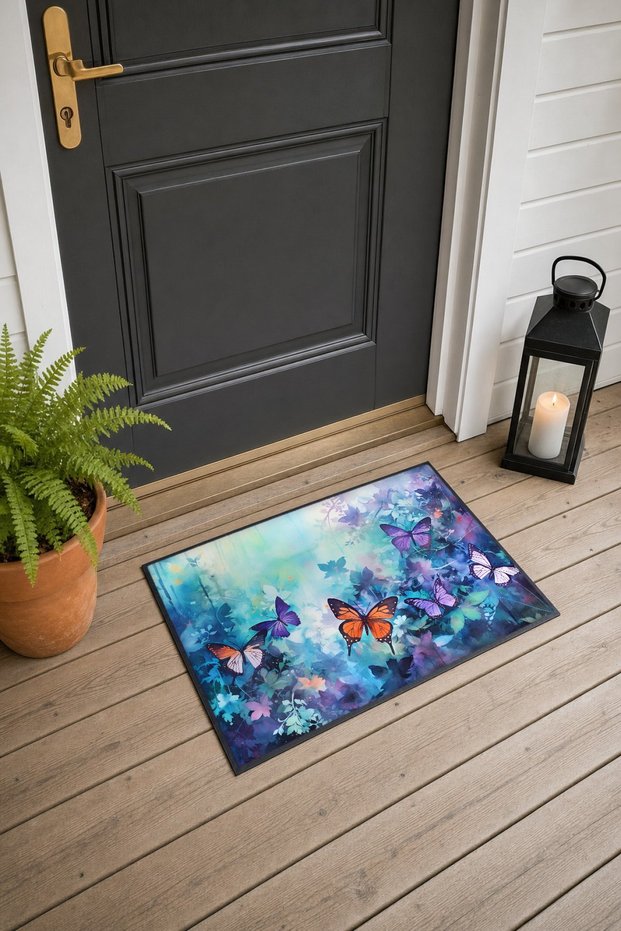 Blue and Orange Butterfly-Patterned 707 Doormat, 40x60 cm, with Non-Slip Sole, Decorative