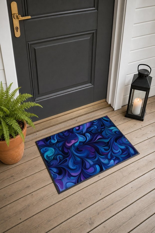 Navy Blue and Purple Ebru Swirl-Patterned Doormat, 40x60 cm, with Non-Slip Sole, Decorative