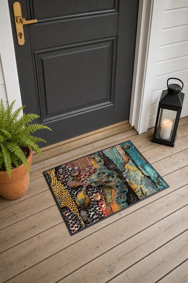Orange and Blue Abstract Patterned Doormat, 40x60 cm, with Non-Slip Sole, Decorative