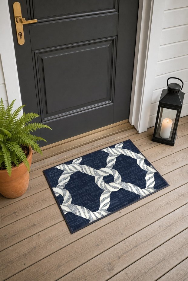 Navy Blue and White Rope-Weave Patterned Doormat, 40x60 cm, with Non-Slip Sole, Decorative
