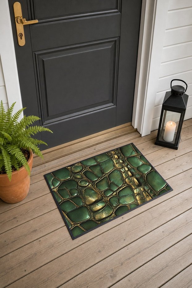 Olive Green Alligator-Patterned Doormat, 40x60 cm, with Non-Slip Sole, Decorative