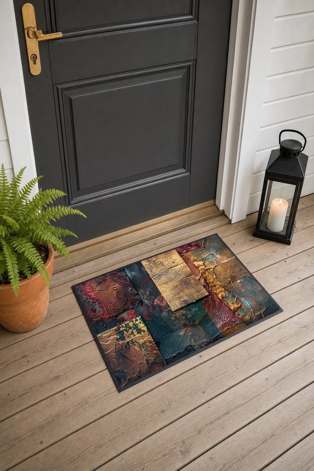 Brown and Gold Abstract Patterned Doormat, 40x60 cm, with Non-Slip Sole, Decorative