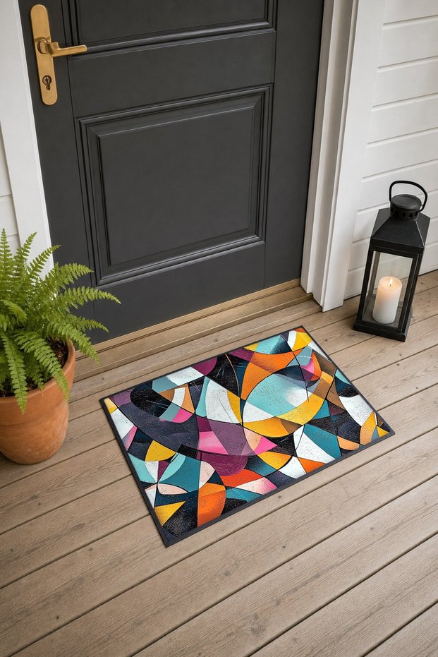 Colorful Cubist Curved Mosaic-Patterned Doormat, 40x60 cm, with Non-Slip Sole, Decorative
