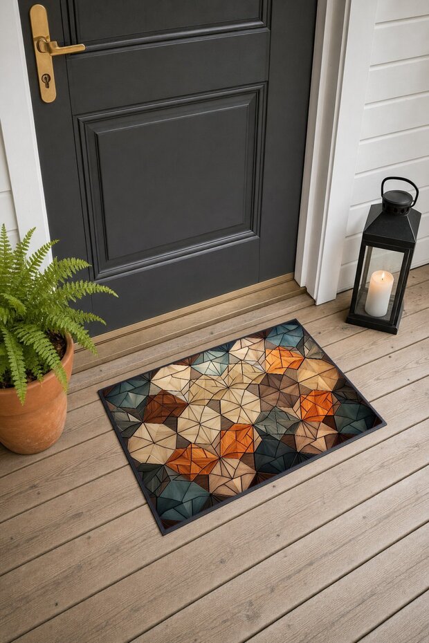 Brown and Blue Geometric Patterned Doormat, 40x60 cm, with Non-Slip Sole, Decorative