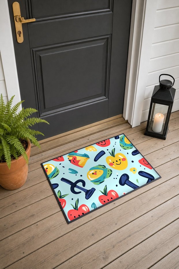 Blue Background with Smiling Fruit Kawaii Pattern Doormat, 40x60 cm, Non-Slip Sole, Decorative