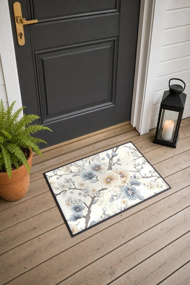 Cream-Gray Cherry Blossom Branch Patterned Doormat, 40x60 cm, with Non-Slip Sole, Decorative