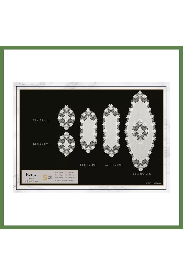 Krem-Krem Evita Model 5-Piece Linen Lace Tablecloth and Table Runner Set for Modern Living Rooms T HB006