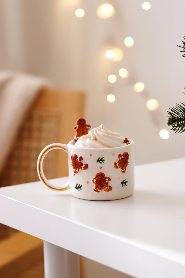 Handmade Cup and Saucer with New Year's-Themed Cookie Patterns and 24K Gold Accents