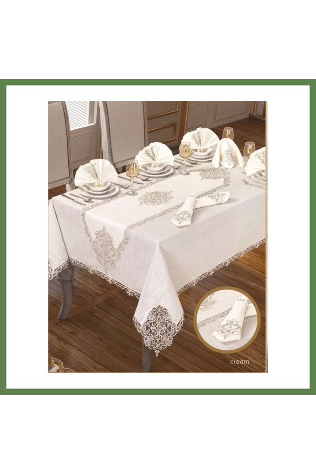 Elegant Linen Cream-Silver 12-Person 26-Piece 160 × 260 cm Table Runner Premium Tablecloth HB006