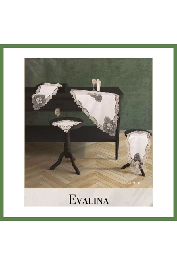 5-Piece Living Room Set with Linen Lace Tablecloth and Table Runner Set, Evalina Model - Cream-Beige HB006