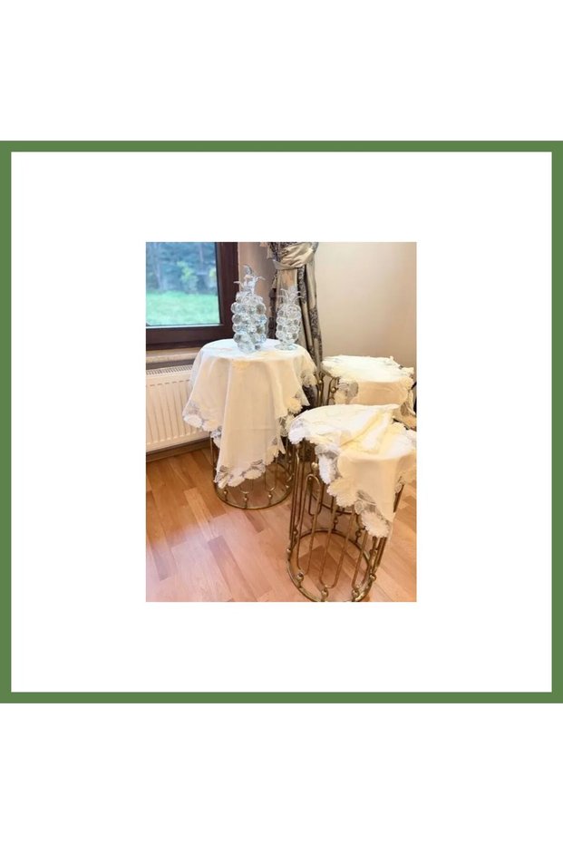 Cream-Colored "Çeyizlik Flowers" 5-Piece Linen Lace Dining Room Set with Table Runner HB006