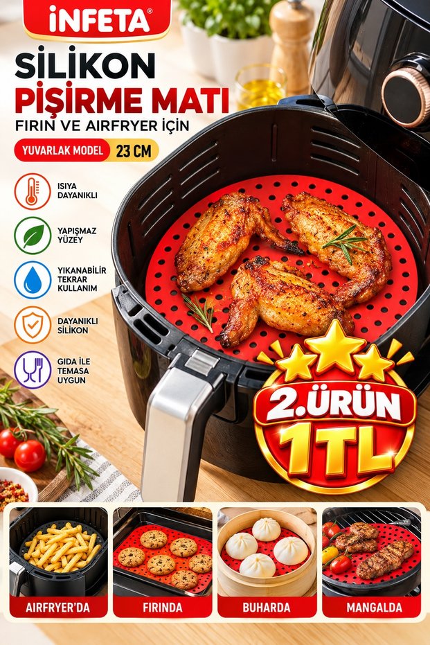 Black 23 cm Round Perforated Silicone Air Fryer and Oven Baking Mat—Heat-Resistant and Washable