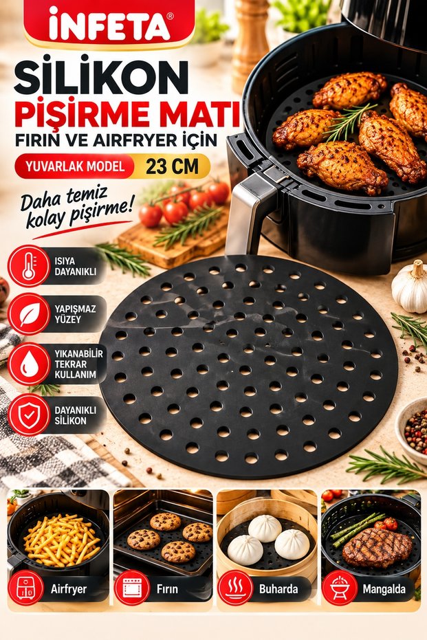 Black 23 cm Round Perforated Silicone Air Fryer and Oven Baking Mat—Heat-Resistant and Washable