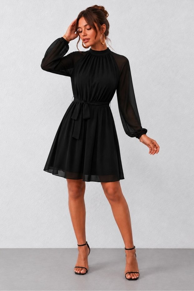 Women's Short Dress with a Short-Sleeved Boat Neck, Long Sleeves, a Belted Design, Pleats, and a Chiffon Lined Design