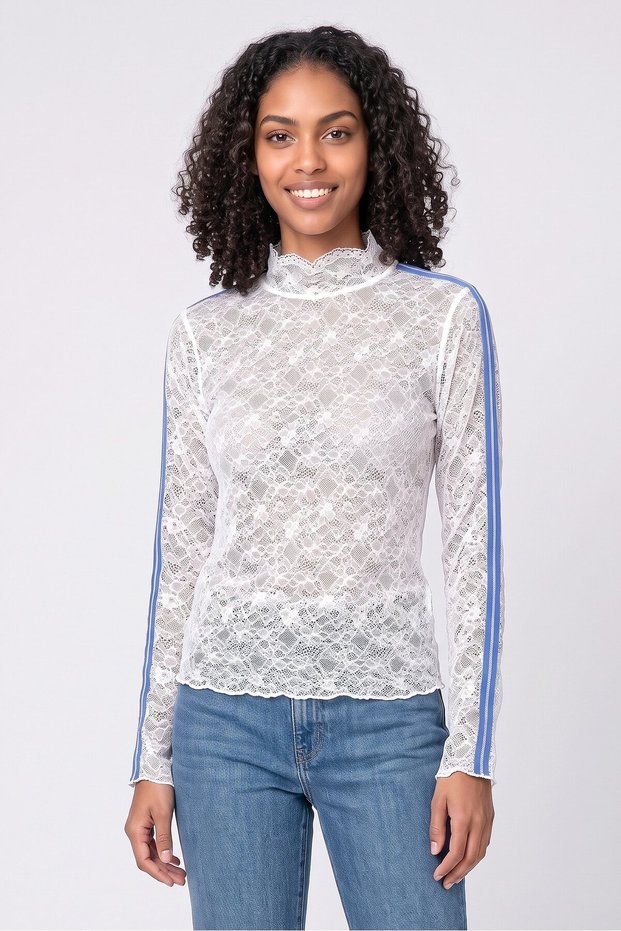 Women Mock Neck Long Sleeve Lace Top, White