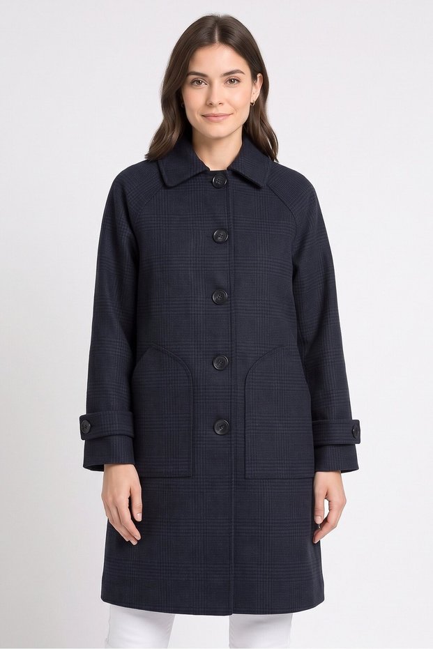 Women Plaid Trench Coat, Navy Blue