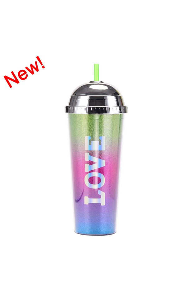 كوب بلاستيكي مزدوج الجدار مع غطاء نصف دائري بنقشة الفهد سعة 700 مل