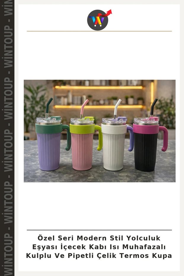 Special Edition Modern-Style Travel Beverage Container: Insulated Stainless Steel Thermos Mug with Handles and Straw