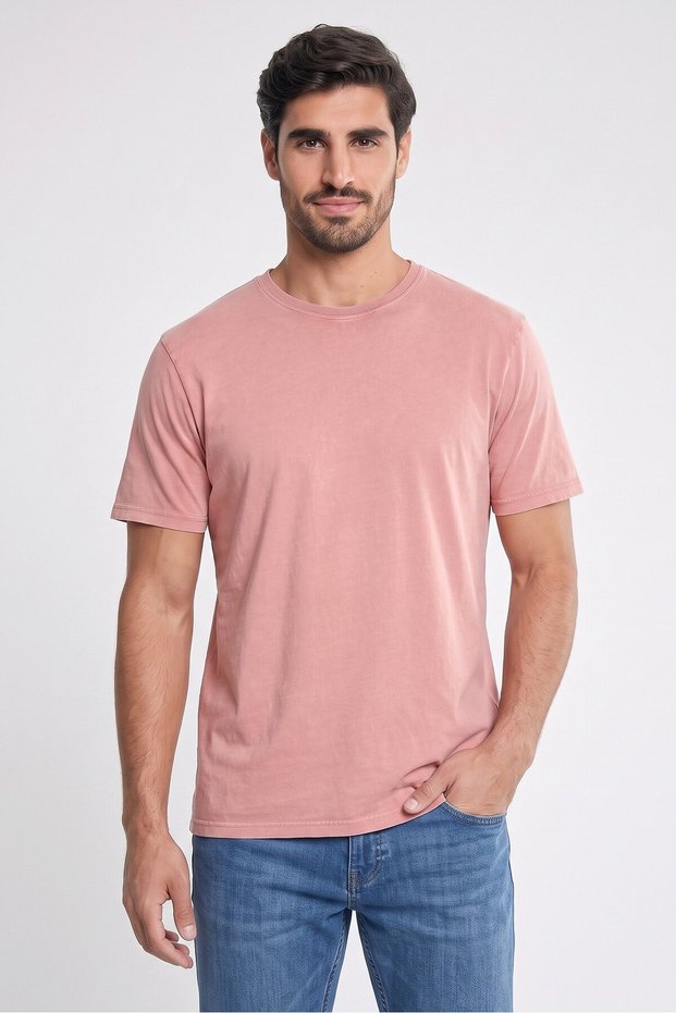 Men Crew Neck Regular Fit Short Sleeve Plain T-Shirt, Wash Pink