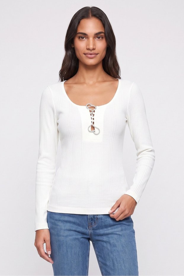 Women Round Neck Long Sleeve Plain T-Shirt, Cream