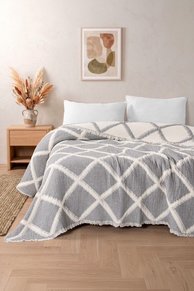 Liora 7-Layer Muslin Bedspread, Double Size, Geometric Patterned, 230x250 cm