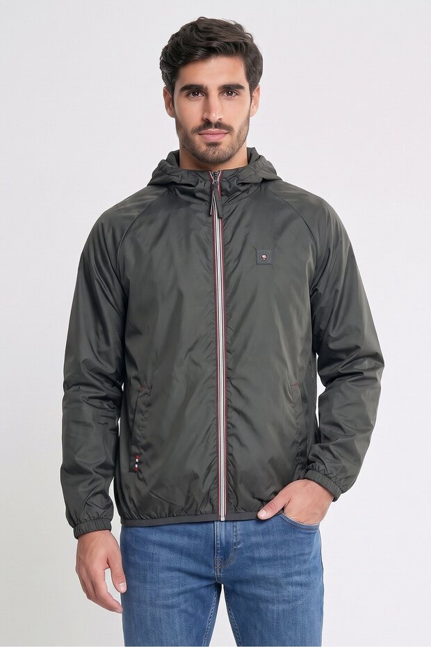 Men Embroidered Logo Windbreaker Jacket, Dark Grey