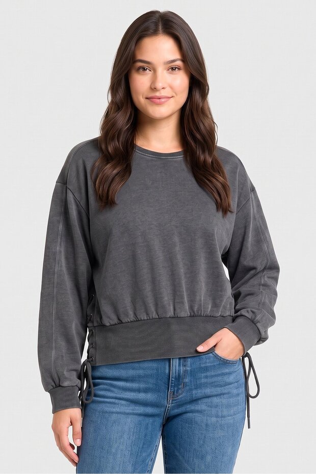 Women Round Neck Long Sleeve Washed Sweatshirt, Grey