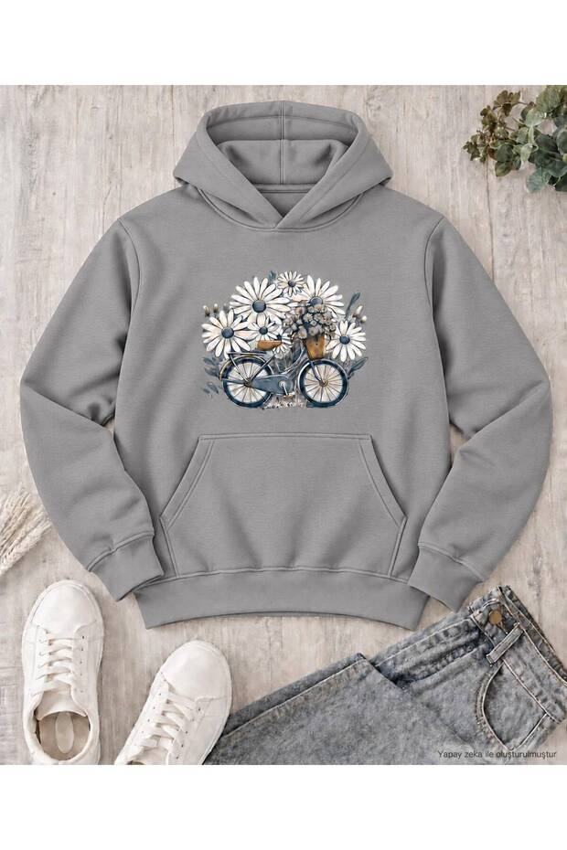 Women's Oversized Hooded Sweatshirt with Floral Bicycle Print - Drapey, Flowy Fit