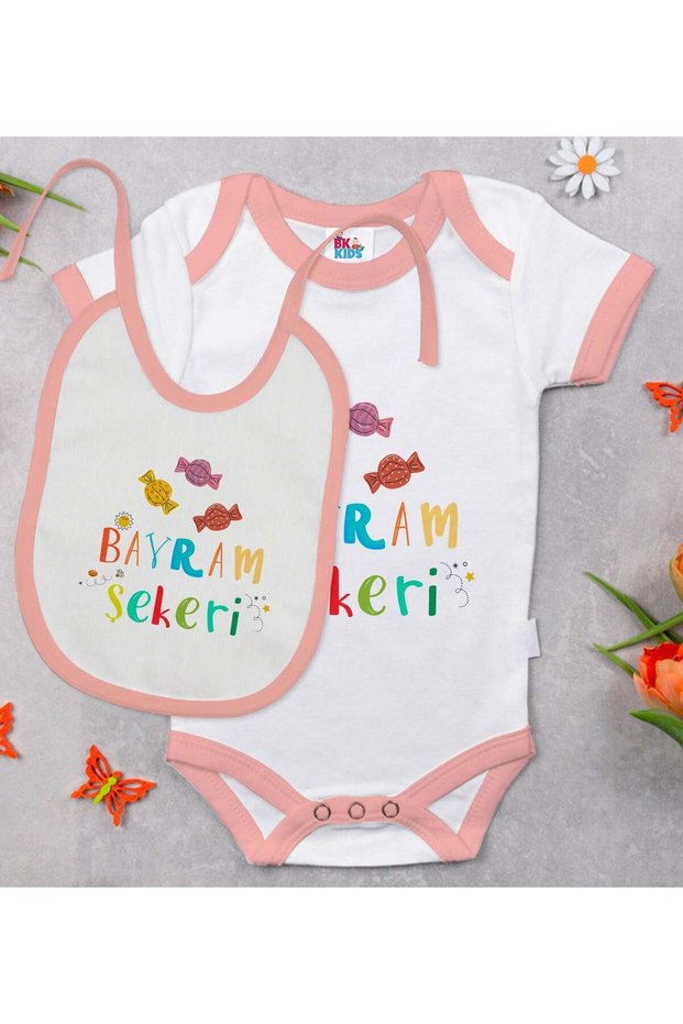 BK Kids Holiday Candy-Printed Pink Baby Bodysuit and Bib Gift Set-1 en123496