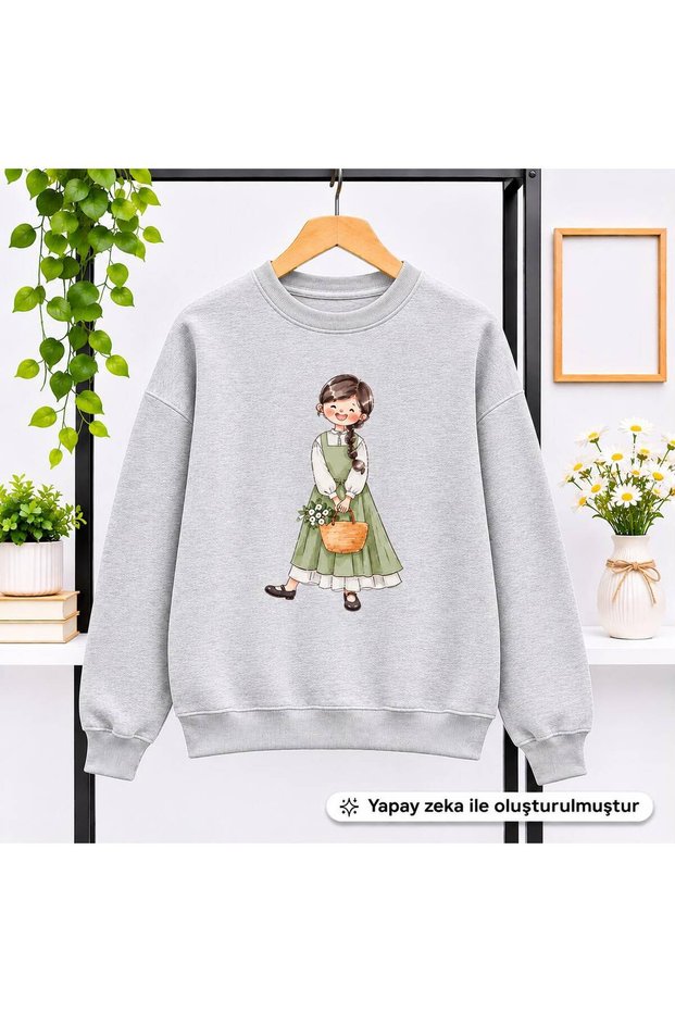 Women's Girls' Bicycle Crew Neck Sweatshirt with "Girl with a Basket" Illustration Print - Oversized, Drapey, Relaxed-Fit Sweatshirt